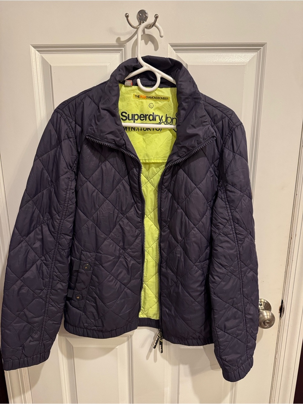 Superdry Quilted Puffer Jacket in Navy with Lime Lining
